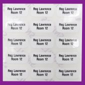 Name stickers printed with name and room number on two lines