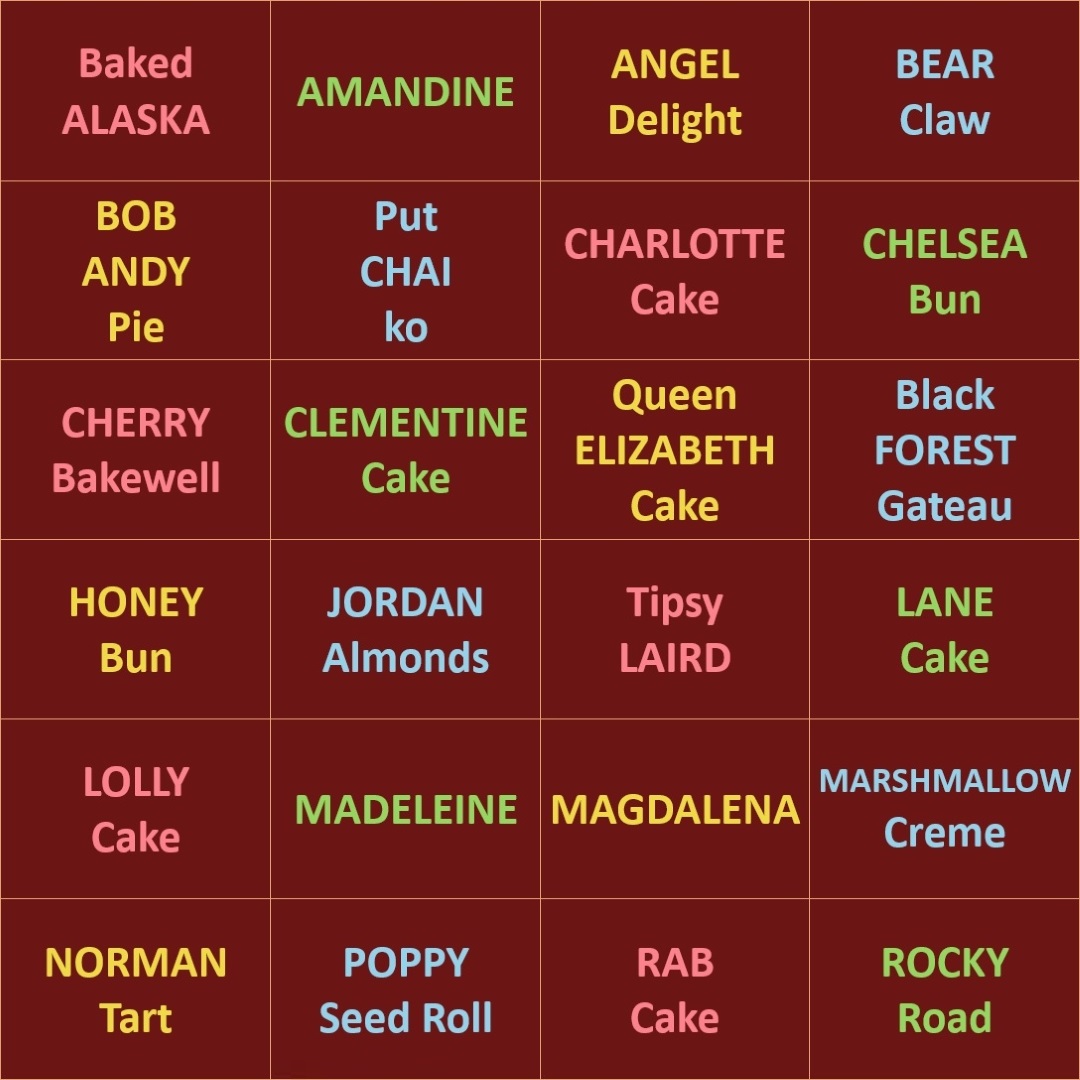 An image showing the names of twenty-four desserts that also contain baby names. The background is a chocolate colour and each name is displayed in its own segment and is displayed in a pastel-coloured font of pink, yellow, green, or blue. The desserts and names are Alaska from Basked Alaska, Amandine, Angel from Angel Delight, Bear from Bear Claw, Bob and Andy from Bob Andy Pie, Chai from Put chai ko, Charlotte from Charlotte Cake, Chelsea from Chelsea Bun, Cherry from Cherry Bakewell, Clementine from Clementine Cake, Elizabeth from Queen Elizabeth Cake, Forest from Black Forest Gateau, Honey from Honey Bun, Jordan from Jordan Almonds, Laird from Tipsy Laird, Lane from Lane Cake, Lolly from Lolly Cake, Madeleine, Magdalena, Marshmallow from Marshmallow Crème, Norman from Norman Tart, Poppy from Poppy Seed Roll, Rab from Rab Cake, and Rocky from Rocky Road.