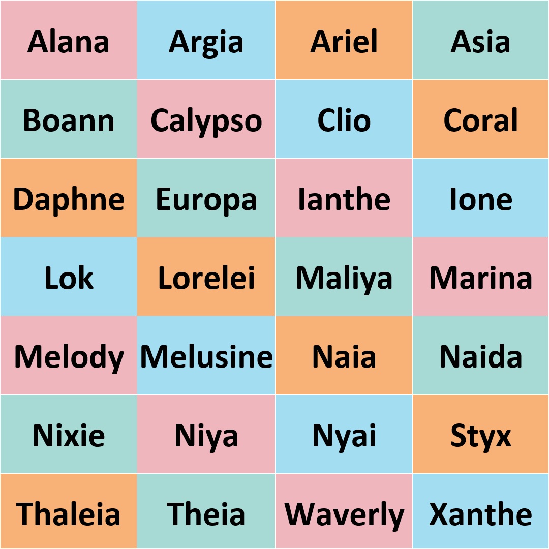 A brightly coloured image shows a list of names inspired by fictional and mythical sea beings. The background colours are pastel shades of pink, blue, orange, and green. The names are Alana, Argia, Ariel, Asia, Boann, Calypso, Clio, Coral, Daphne, Europa, Ianthe, Ione, Lok, Lorelei, Maliya, Marina, Melody, Melusine, Naia, Naida, Nixie, Niya, Nyai, Styx, Thaleia, Theia, Waverly, and Xanthe.