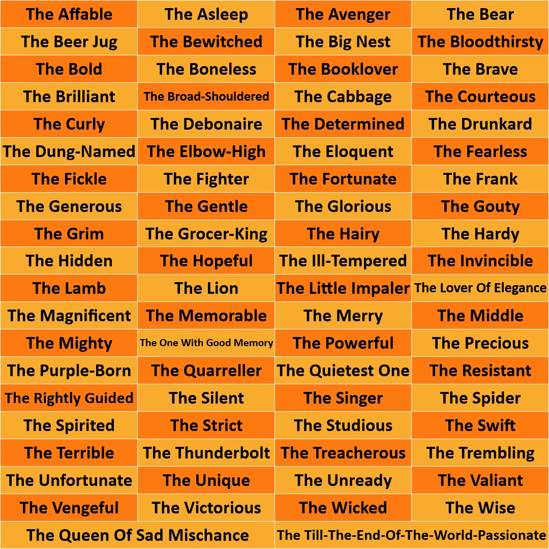 A list of nicknames given to royalty and leaders from around the world. The names are listed in black against alternating orange and gold backgrounds. The names are: The Affable, The Asleep, The Avenger, The Bear, The Beer Jug, The Bewitched, The Big Nest, The Bloodthirsty, The Bold, The Boneless, The Booklover, The Brave, The Brilliant, The Broad-Shouldered, The Cabbage, The Courteous, The Curly, The Debonaire, The Determined, The Drunkard, The Dung-Named, The Elbow-High, The Eloquent, The Fearless, The Fickle, The Fighter, The Fortunate, The Frank, The Generous, The Gentle, The Glorious, The Gouty, The Grim, The Grocer-King, The Hairy, The Hardy, The Hidden, The Hopeful, The Ill-Tempered, The Invincible, The Lamb, The Lion, The Little Impaler, The Lover Of Elegance, The Magnificent, The Memorable, The Merry, The Middle, The Mighty, The One With Good Memory, The Powerful, The Precious, The Purple-Born, The Quarreller, The Quietest One, The Resistant, The Rightly Guided, The Silent, The Singer, The Spider, The Spirited, The Strict, The Studious, The Swift, The Terrible, The Thunderbolt, The Treacherous, The Trembling, The Unfortunate, The Unique, The Unready, The Valiant, The Vengeful, The Victorious, The Wicked, The Wise, The Queen Of Sad Mischance, and The Till-The-End-Of-The-World-Passionate.