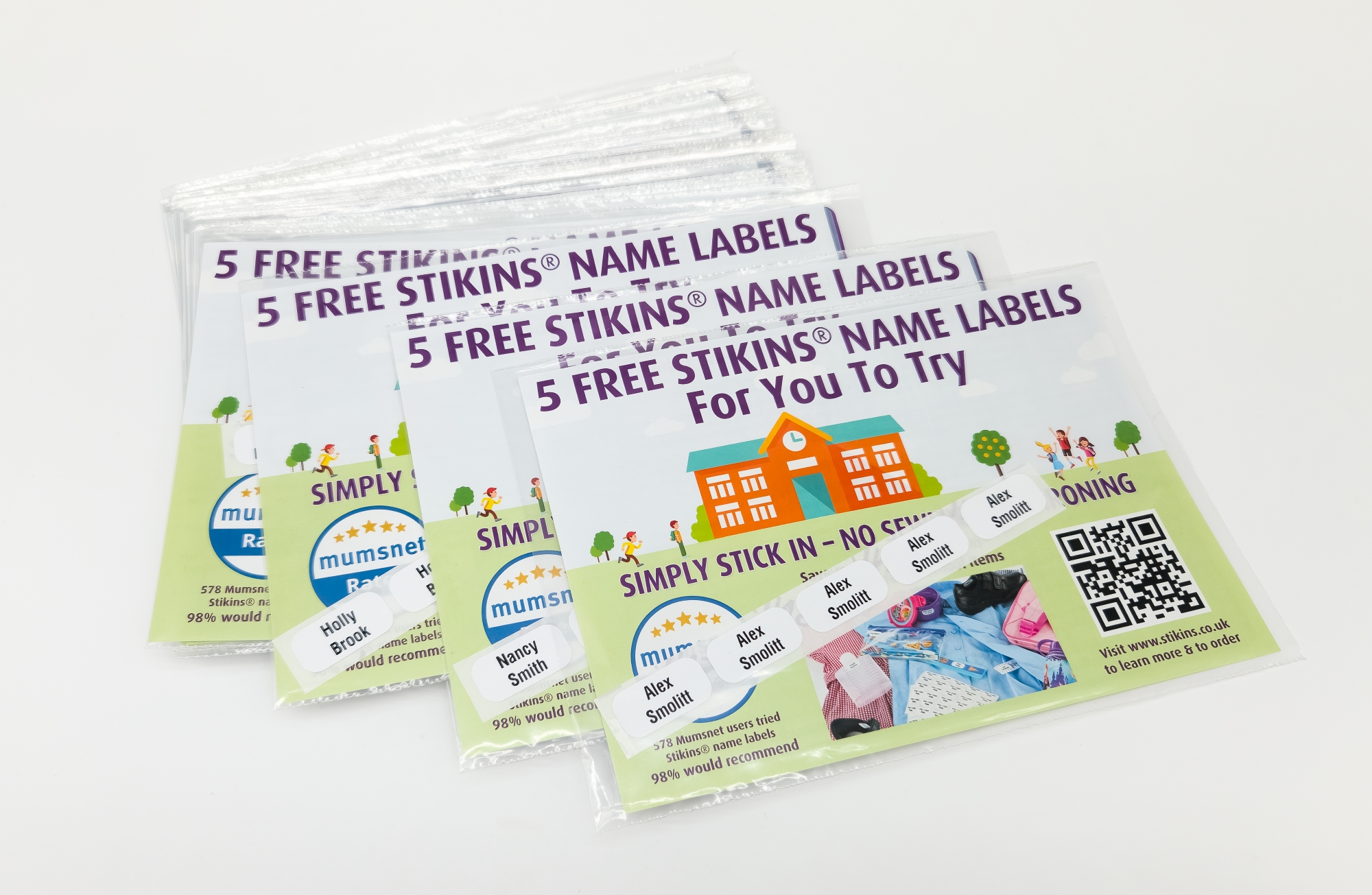 A photograph of free samples of Stikins&reg; name labels for primary schools