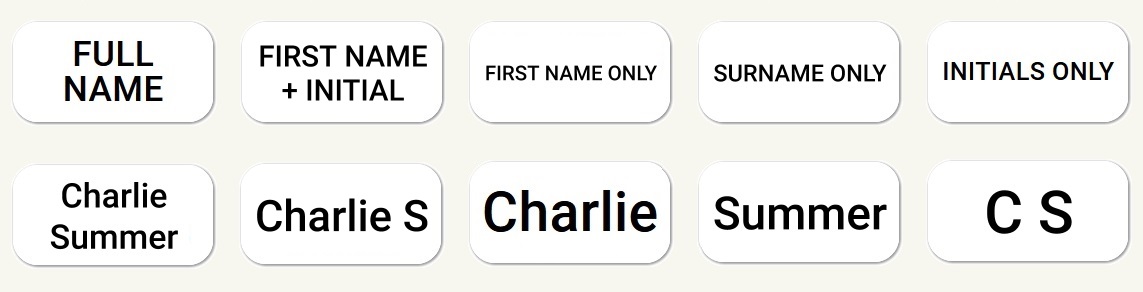 Two rows of Stikins name labels; the top row is printed with each type of personalisation we offer for our free samples, while the bottom row shows an example of each option using the name Charlie Summer. The options are Full Name (Charlie Summer), First Name and Initial (Charlie S), First Name only (Charlie), Surname only (Summer), and Initials only (C S).