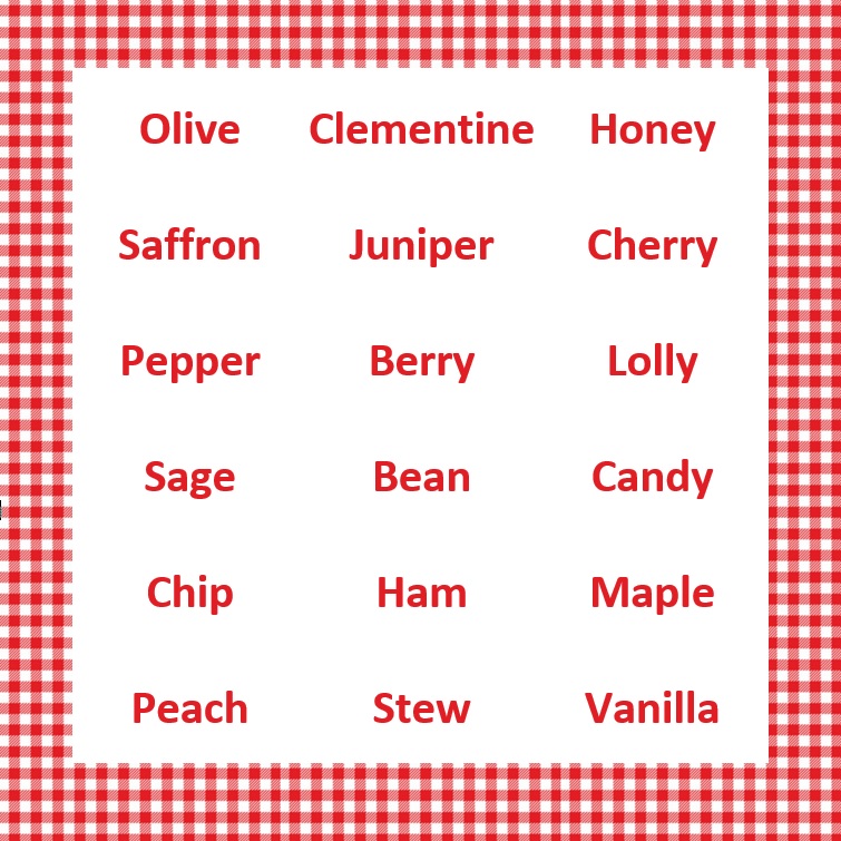 A list of names inspired by picnic foods is displayed in front of a background with a red and white checked picnic blanket pattern. The names are Olive, Clementine, Honey, Saffron, Juniper, Cherry, Pepper, Berry, Lolly, Sage, Bean, Candy, Chip, Ham, Maple, Peach, Stew, and Vanilla.  