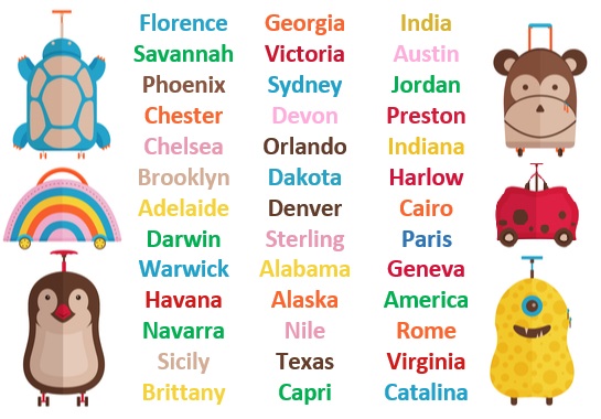 A list of names inspired by different locations around the world are displayed between drawings of children’s suitcases, which are shaped like a turtle, rainbow, penguin, monkey, ladybird, and monster. The names are Florence, Savannah, Phoenix, Chester, Chelsea, Brooklyn, Adelaide, Darwin, Warwick, Havana, Navarra, Sicily, Brittany, Georgia, Victoria, Sydney, Devon, Orlando, Dakota, Denver, Sterling, Alabama, Alaska, Nile, Texas, Capri, India, Austin, Jordan, Preston, Indiana, Harlow, Cairo, Paris, Geneva, America, Rome, Virginia and Catalina. 