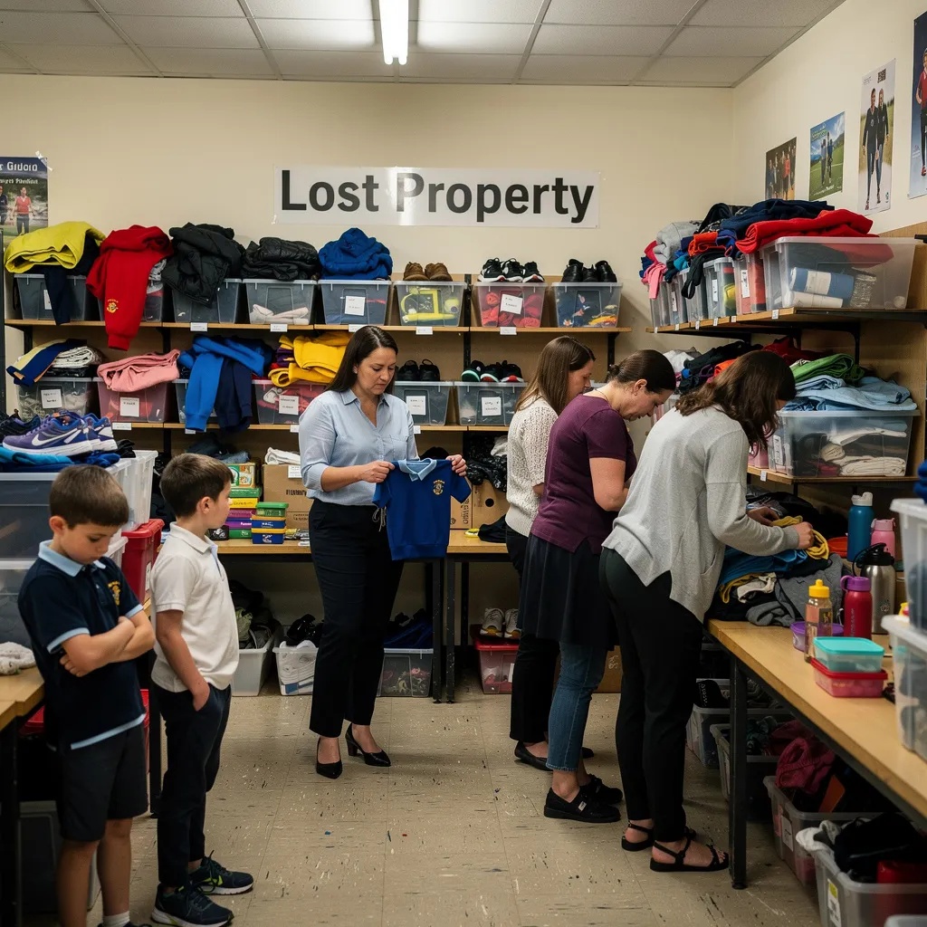 A lost property room in a school with parents and staff sorting through lost property while bored looking children wait nearby. The room is full of shelves lined with boxes of lost property.
