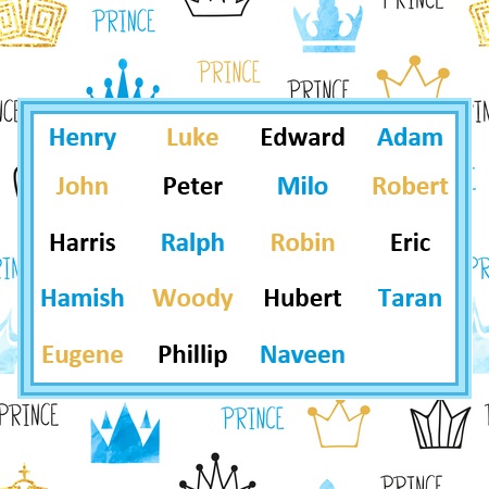 A list of official Disney princes, whose names have been requested by our customers are displayed in front a background showing various crowns in blue, black, and gold. The names are Henry, Luke, Edward, Adam, John, Peter, Milo, Robert, Harris, Ralph, Robin, Eric, Hamish, Woody, Hubert, Taran, Eugene, Phillip, and Naveen. 